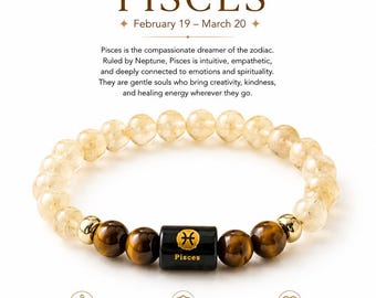 Pisces Zodiac Bracelet, Citrine Tiger Eye Bracelet, Pisces Crystal Bracelet, Zodiac Gift for Men Women, Astrology Jewelry