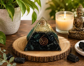 Black Tourmaline Orgone Pyramid 3 Inch, Black Tourmaline Crystal Pyramid, Copper Spiral, Reiki Meditation Decor, Altar Home Decor