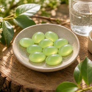May include: A small, speckled ceramic bowl filled with pale green, oval-shaped stones. A glass of water and a lit candle are in the background. The objects are on a wooden surface, surrounded by greenery.