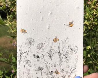Wildflower and bees. Seeded paper card. Blank art card. Wildflower seeded paper greeting card. Plantable seed paper birthday card.