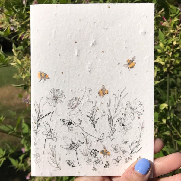 Wildflower and bees. Seeded paper card. Blank art card. Wildflower seeded paper greeting card. Plantable seed paper birthday card.