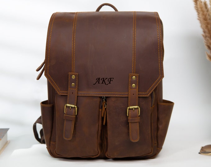 Leather Backpack, 16 Inches Personalized Engraved Laptop Rucksack Men