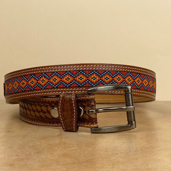 Beaded Genuine Leather Western Men Belt Hand Made Embossed Removable Buckle Belt, Engraved Men's Belt Anniversary Christmas Gift for Him