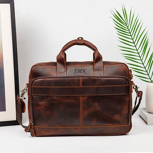 Personalized Leather Satchel bag For Men,Leather Briefcase for Men, Full Grain Leather Laptop Bag, Leather Computer Messenger Crossbody bag