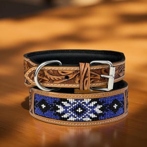 Leather Dog Cat Puppy Collar Personalized Tooled Embossed Carved Western Style Heavy Duty Padded Soft Adjustable Collar
