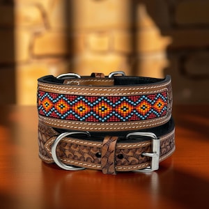 Leather Dog Cat Puppy Collar Personalized Tooled Embossed Carved Western Style Heavy Duty Padded Soft Adjustable Collar