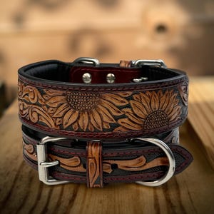 Leather Dog Cat Puppy Collar Personalized Tooled Embossed Carved Western Style Heavy Duty Padded Soft Adjustable Collar