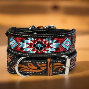 Leather Dog Cat Puppy Collar Personalized Tooled Embossed Carved Western Style Heavy Duty Padded Soft Adjustable Collar