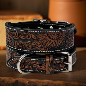 Leather Dog Cat Puppy Collar Personalized Tooled Embossed Carved Western Style Heavy Duty Padded Soft Adjustable Collar
