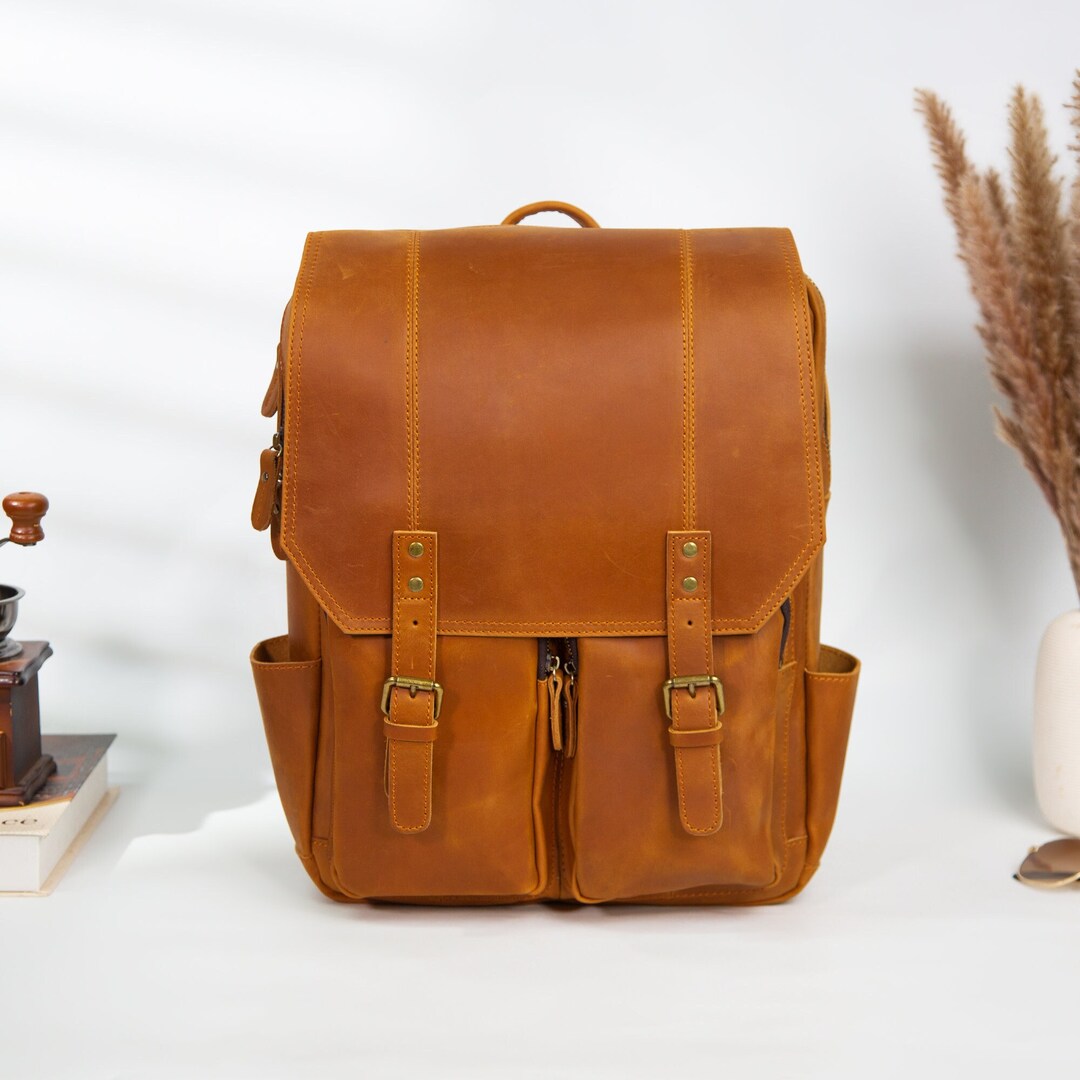 Leather Backpack, 16 Inches Personalized Engraved Laptop Rucksack Men