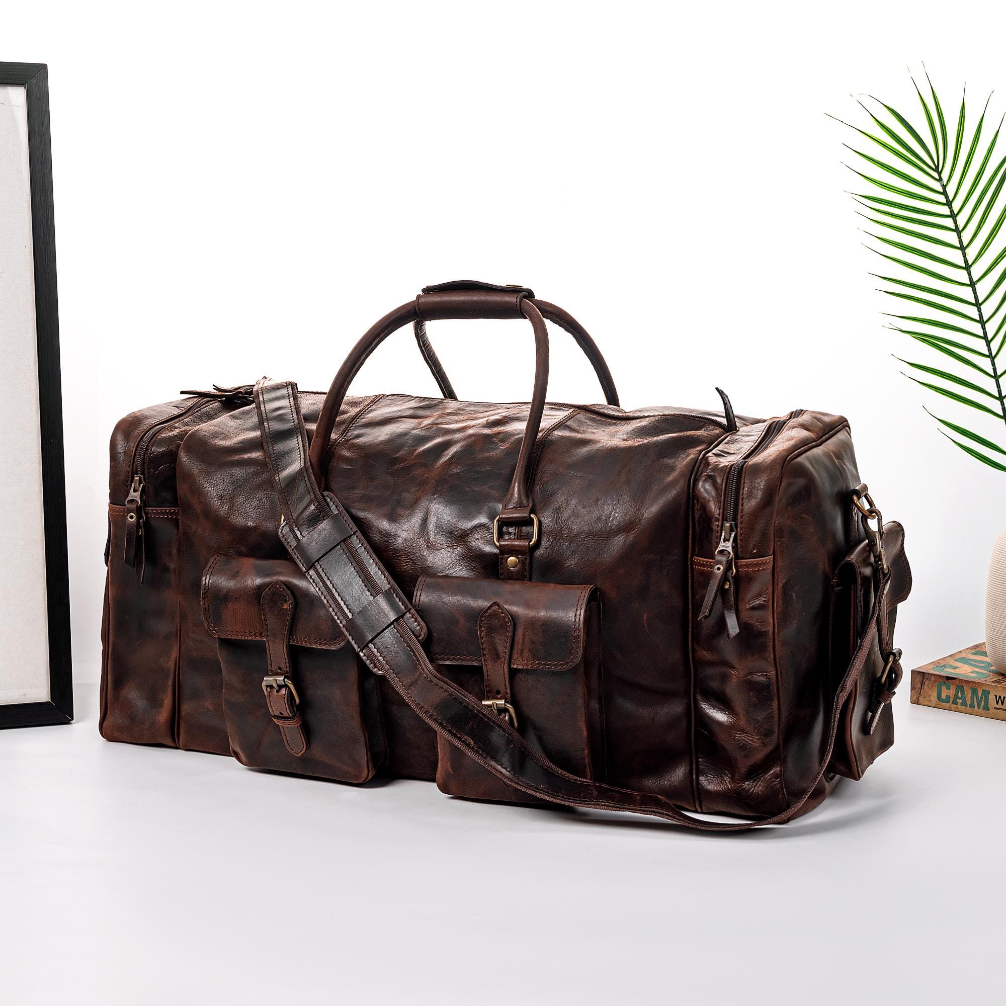 Full Grain Leather Duffle Bag, Monogrammed Leather Weekender Bag, Overnight Bag For Men, Fathers Day Personalized Gift For Him, Gym Bag