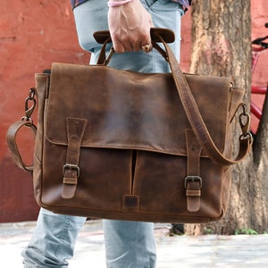 Leather Messenger Bag Briefcase for Men, Full Grain Leather Briefcase Laptop Computer Bag for Men, Genuine Leather Satchel Bag For Men image 2
