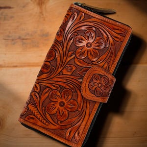 Cartera organizadora de mano para mujer de cuero genuino con labrado occidental, billetera larga de grano completo, billetera de rodeo con flores para vaquera, monedero con cremallera y tarjetero.