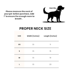 Op de afbeelding: Een witte afbeelding met tekst over het meten van de nek van uw huisdier voor de juiste maat. De afbeelding bevat een zwart silhouet van een hond met een halsband en een tabel met nekmaten in inches voor XS, S, M en L.
