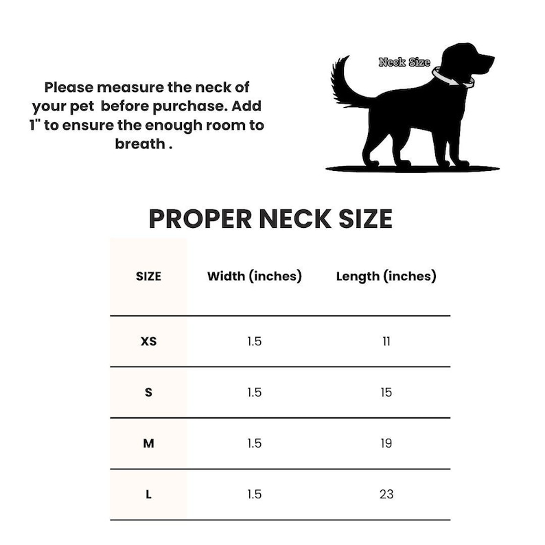Op de afbeelding: Een witte afbeelding met tekst over het meten van de nek van uw huisdier voor de juiste maat. De afbeelding bevat een zwart silhouet van een hond met een halsband en een tabel met nekmaten in inches voor XS, S, M en L.
