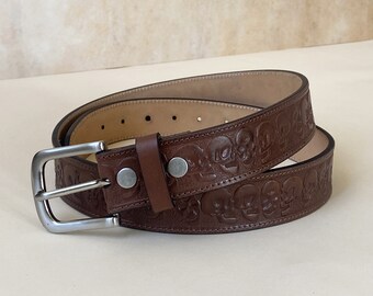 Leather Skull Belt, Biker belt, Skull Tooled Brown Leather belt, Custom Skull Leather Belt Rocker Style Belt, Men's leather belt with skulls