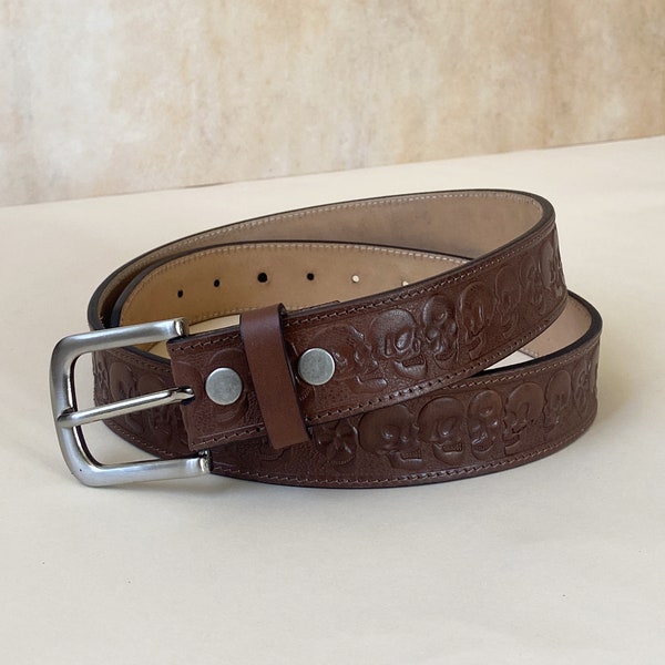 Leather Skull Belt, Biker belt, Skull Tooled Brown Leather belt, Custom Skull Leather Belt Rocker Style Belt, Men's leather belt with skulls