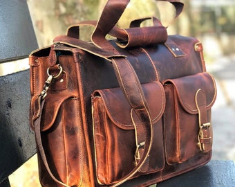 Maletín de cuero grande personalizado para hombres, bolso portátil maletín de cuero de viaje de 17", bolso mensajero de cuero de grano completo, bolso crossbody