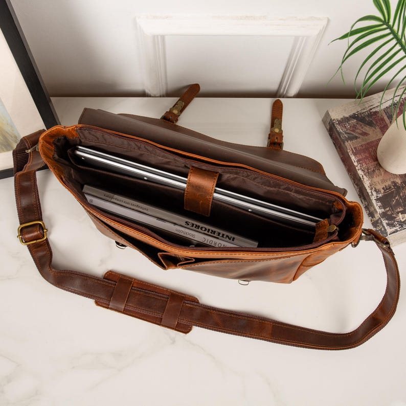 Leather Messenger Bag Briefcase for Men, Full Grain Leather Briefcase Laptop Computer Bag for Men, Genuine Leather Satchel Bag For Men image 7