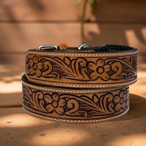 Leather Dog Cat Puppy Collar Personalized Tooled Embossed Carved Western Style Heavy Duty Padded Soft Adjustable Collar