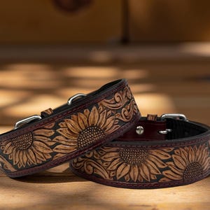 Leather Dog Cat Puppy Collar Personalized Tooled Embossed Carved Western Style Heavy Duty Padded Soft Adjustable Collar