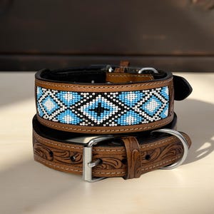 Leather Dog Cat Puppy Collar Personalized Tooled Embossed Carved Western Style Heavy Duty Padded Soft Adjustable Collar