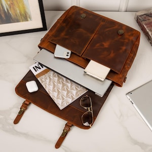 Leather Messenger Bag Briefcase for Men, Full Grain Leather Briefcase Laptop Computer Bag for Men, Genuine Leather Satchel Bag For Men image 6
