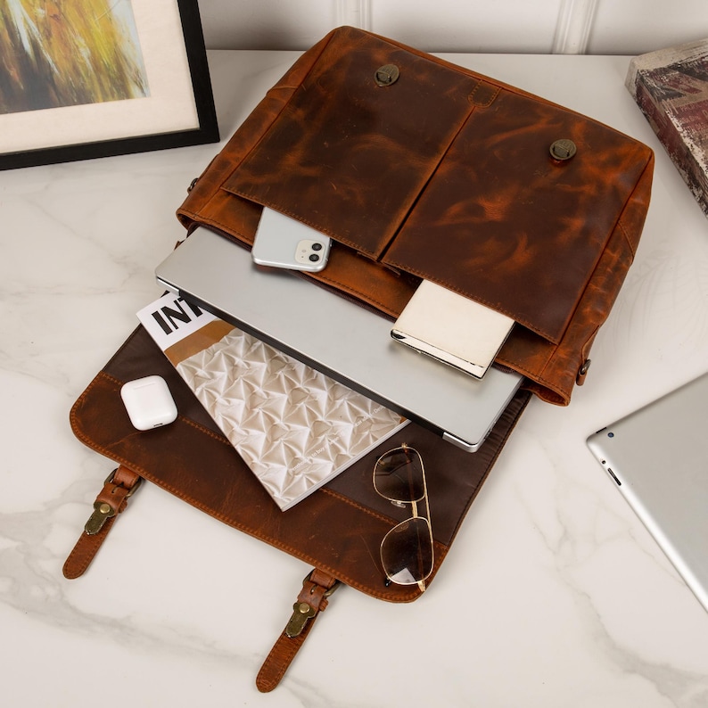 Leather Messenger Bag Briefcase for Men, Full Grain Leather Briefcase Laptop Computer Bag for Men, Genuine Leather Satchel Bag For Men image 6