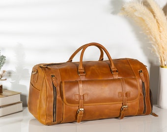 Personalized Leather Duffel Bag, Full Grain Leather Gym Bag, Leather Travel Bag for Men, Anniversary Gift for Husband, Leather Weekender Bag