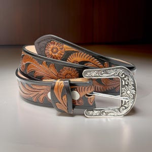 Cowhide Leather Belt with Floral Motif Buckle