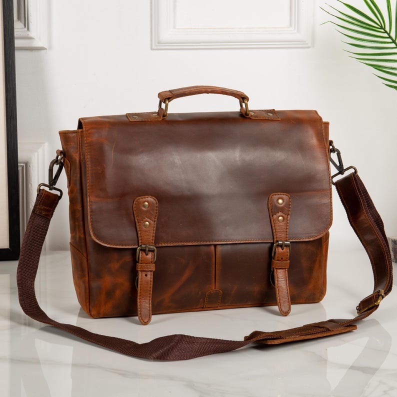 Leather Messenger Bag Briefcase for Men, Full Grain Leather Briefcase Laptop Computer Bag for Men, Genuine Leather Satchel Bag For Men image 2