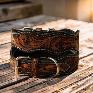 Peut inclure: Deux colliers pour chien en cuir superpos&eacute;s, finement sculpt&eacute;s. Les colliers pr&eacute;sentent une palette de couleurs marron et noire avec des motifs floraux d&eacute;taill&eacute;s et des coutures blanches. Chaque collier a une boucle et un anneau en D en m&eacute;tal argent&eacute;.