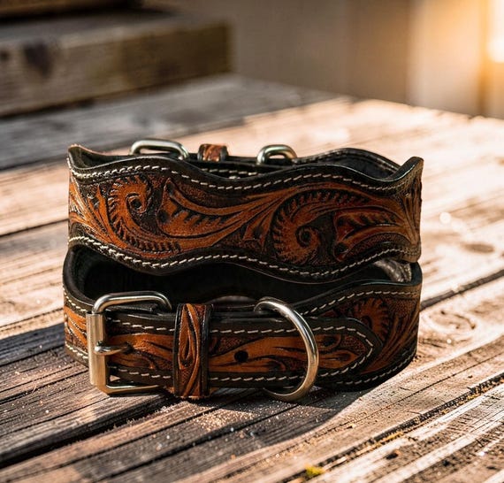 Leather Dog Cat Puppy Collar Personalized Tooled Embossed Carved Western Style Heavy Duty Padded Soft Adjustable Collar