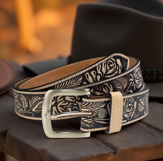Leather Women Belt, Full Grain Leather Western Carved  display picture 2