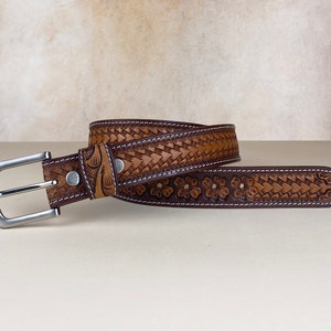 Western Leather Belts, Personalized Leather Belt, Leather Belts Custom, Tooled Leather Belt with Name and Initials Brown/No engraving