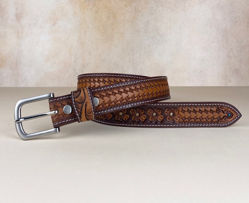 Western Leather Belts, Personalized Leather Belt, Leather Belts Custom, Tooled Leather Belt with Name and Initials Brown/No engraving