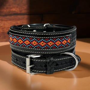 Leather Dog Cat Puppy Collar Personalized Tooled Embossed Carved Western Style Heavy Duty Padded Soft Adjustable Collar