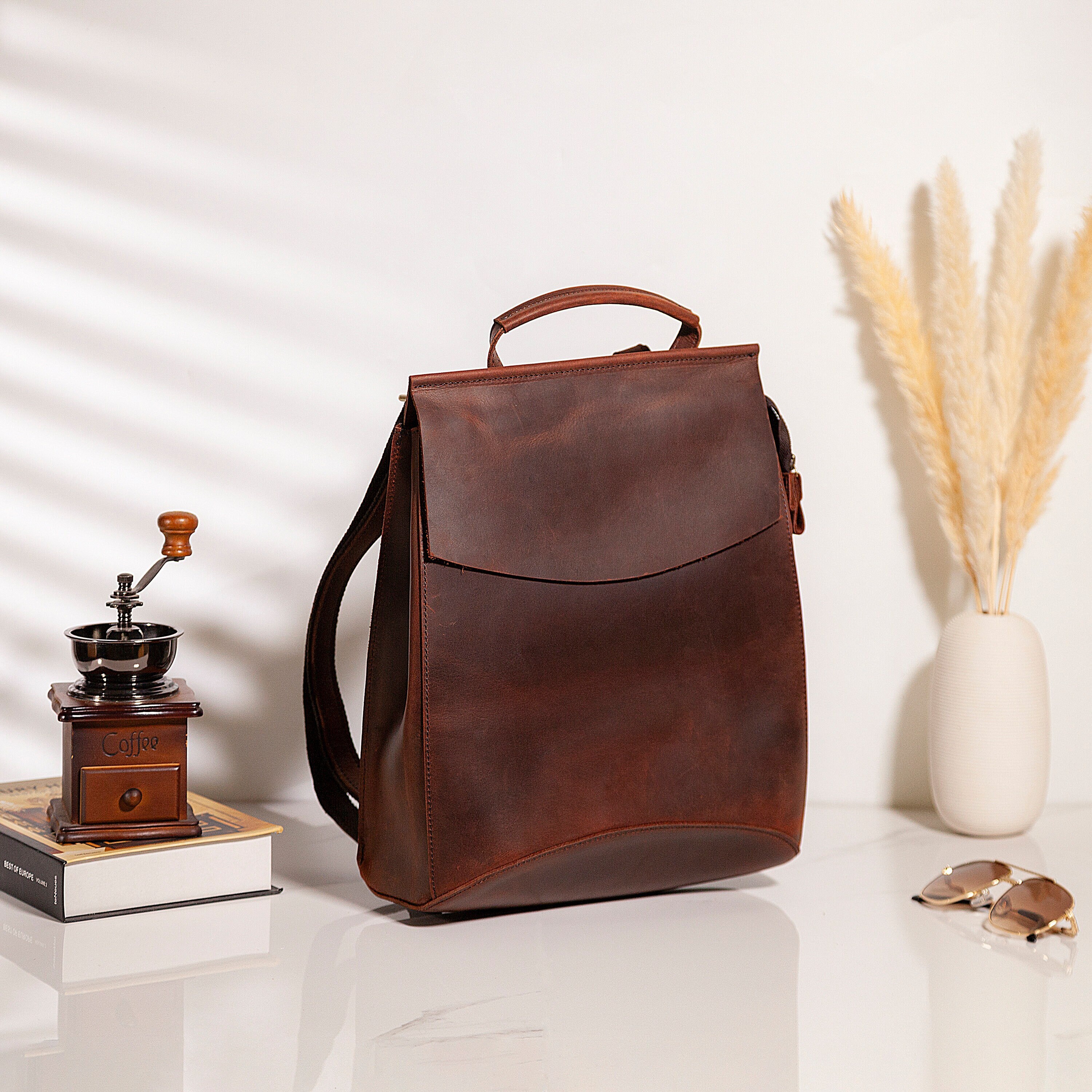 Minimalist Genuine Leather Backpack Bag for Women Personalized