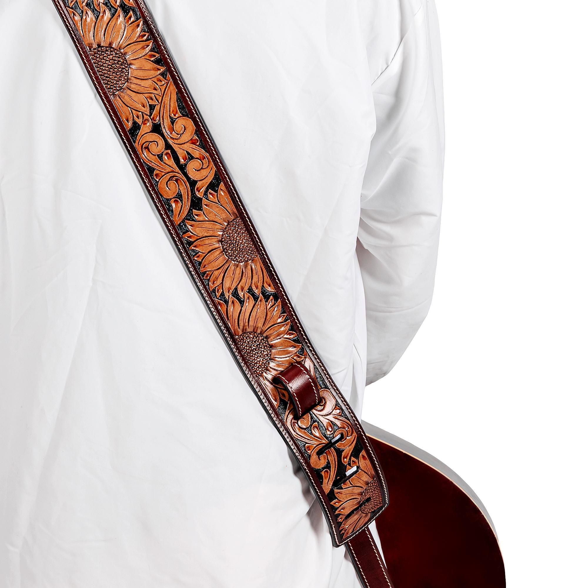 Handmade Heavy Duty Sunflower Western Leather Guitar Strap, Musician ...
