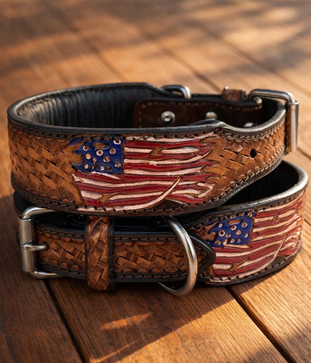 Leather Dog Cat Puppy Collar US FLAG Tooled Embossed Carved Western ...