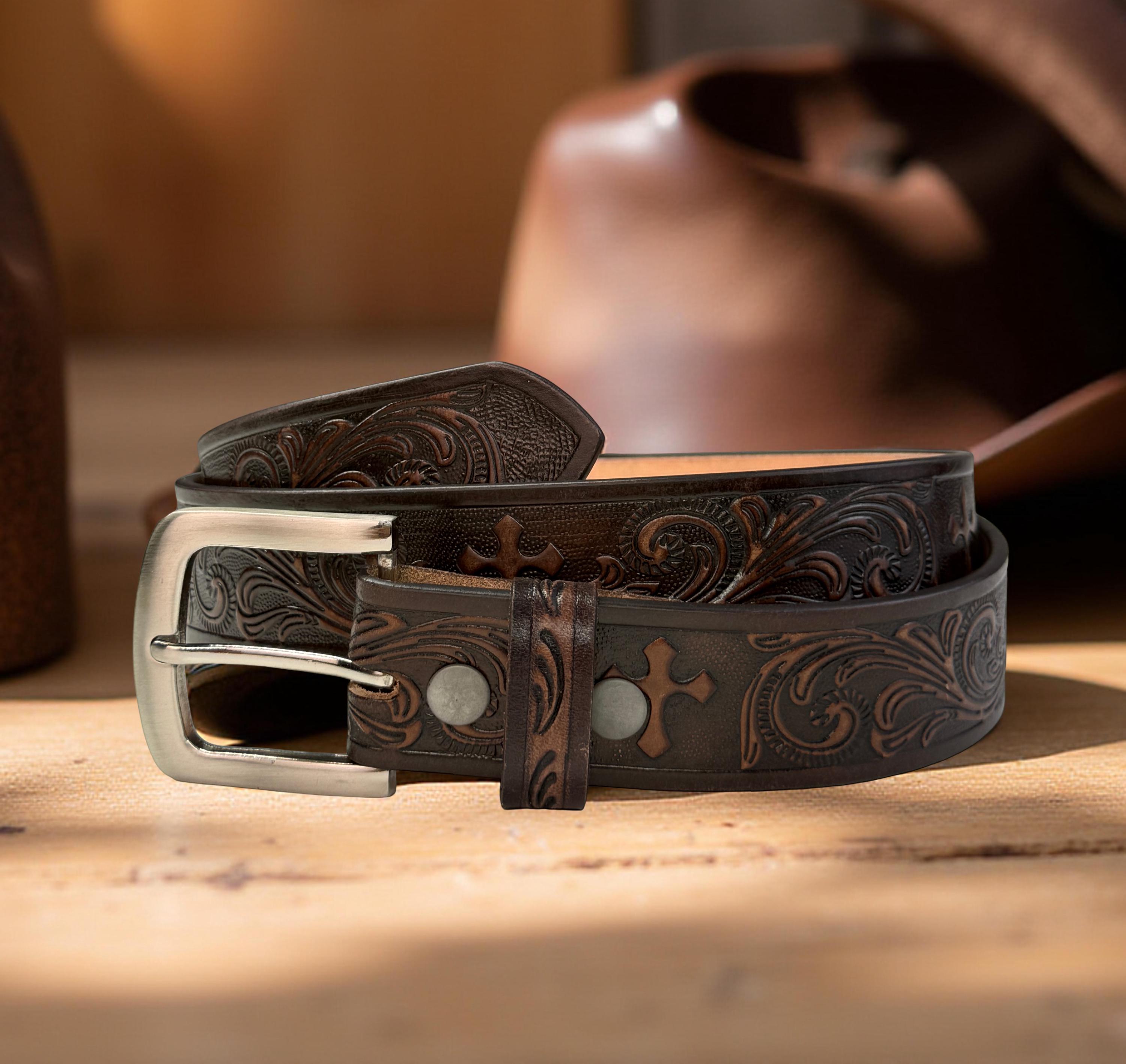 VINTAGE FLORAL ETCHED BUCKLE BROWN TOOLED LEATHER BELT WESTERN BOHO RODEO HIPPIE Western Tooled Leather Belt Floral Engraved Leather Belt  main image 3