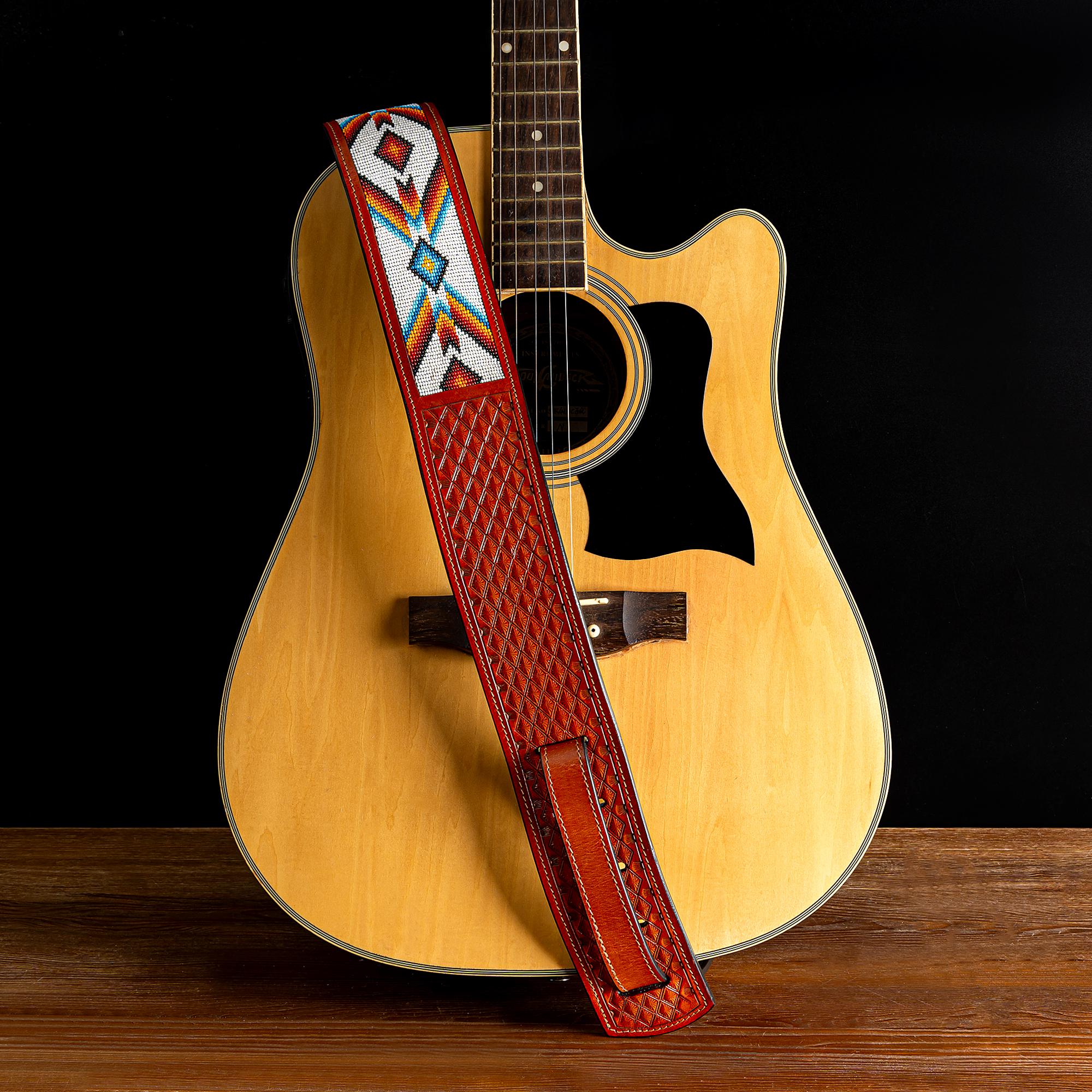 Handmade Heavy Duty Beaded Western Leather Guitar Strap, Musician Gift ...