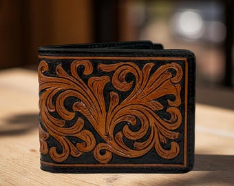 Western Genuine Leather Tooled Floral Men's Women's Wallet Organizer, Full Grain Bifold Tooled Wallet, Rodeo Wallet For Cowboy Card Case