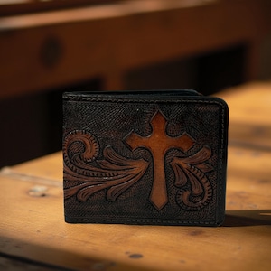 Western Genuine Leather Tooled Cross Men&#39;s Wallet Organizer, Full Grain Bifold Tooled Wallet, Rodeo Wallet For Cowboy Card Case