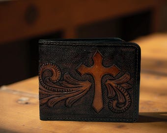 Western Genuine Leather Tooled Cross Men's Wallet Organizer, Full Grain Bifold Tooled Wallet, Rodeo Wallet For Cowboy Card Case