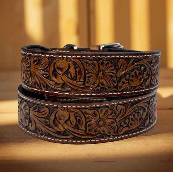 Leather Dog Cat Puppy Collar Personalized Tooled Embossed Carved Western Style Heavy Duty Padded Soft Adjustable Collar