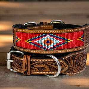 Leather Dog Cat Puppy Collar Personalized Tooled Embossed Carved Western Style Heavy Duty Padded Soft Adjustable Collar
