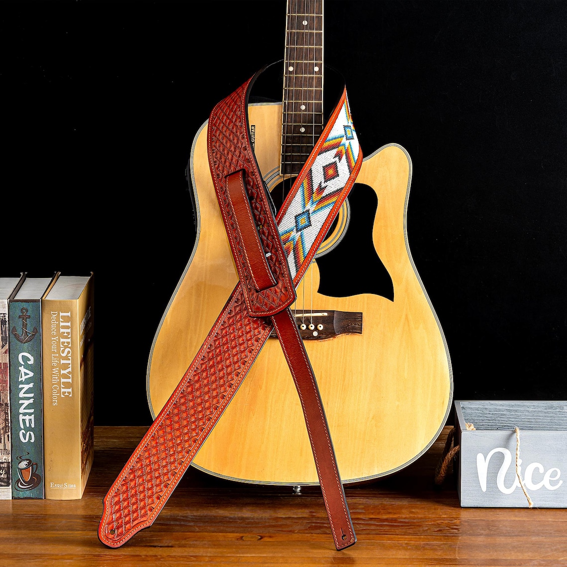 Handmade Heavy Duty Beaded Western Leather Guitar Strap, Musician Gift ...