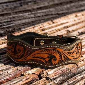 Peut inclure: Un collier de chien en cuir marron avec des motifs floraux complexes. Le collier pr&eacute;sente un int&eacute;rieur marron fonc&eacute; et est orn&eacute; de coutures blanches. Une boucle et une garniture argent&eacute;es compl&egrave;tent le design. Ce collier artisanal est con&ccedil;u pour un chien de taille moyenne &agrave; grande.