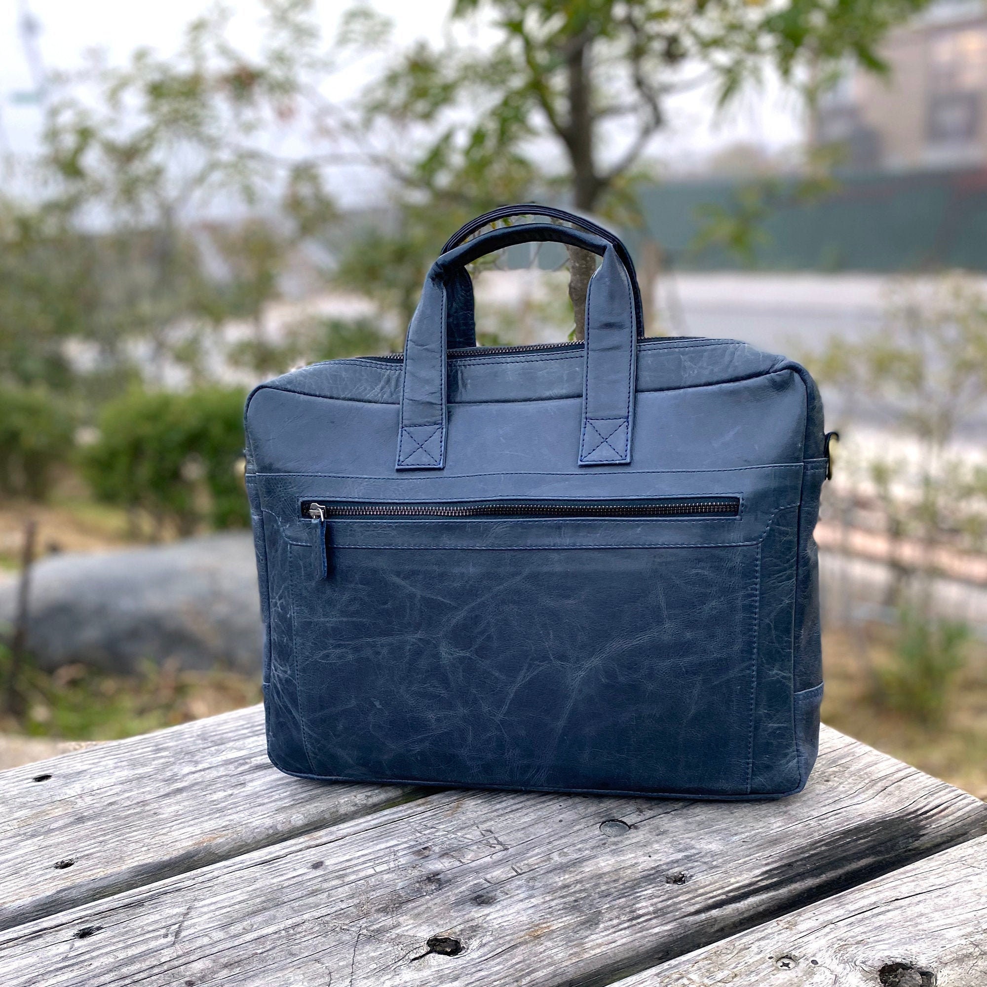 Leather Briefcase for Men 15.6 Inch Blue Leather Laptop Bag Etsy